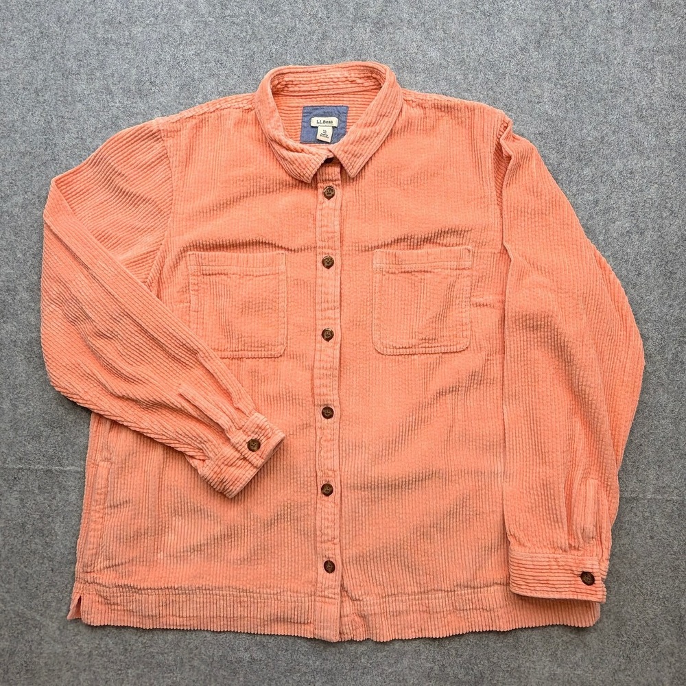 L.L.Bean Shirt Jacket Women XL Salmon Pink Good Corduroy Wide Wale Button 510773